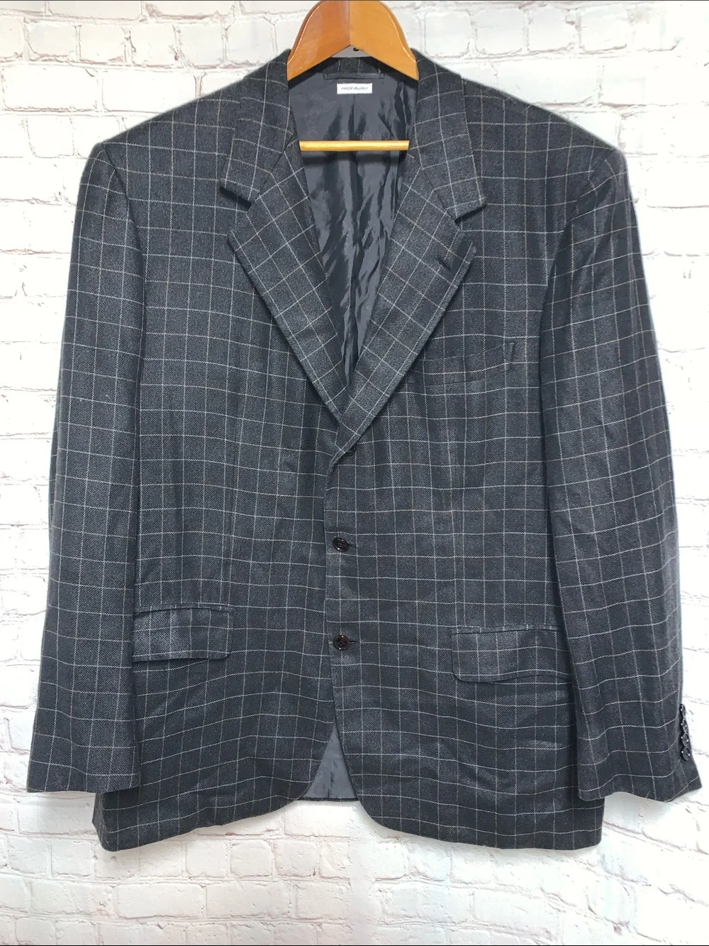 Brioni Bernini Italy Wool Silk Blend Charcoal Windowpane Sport Coat 44